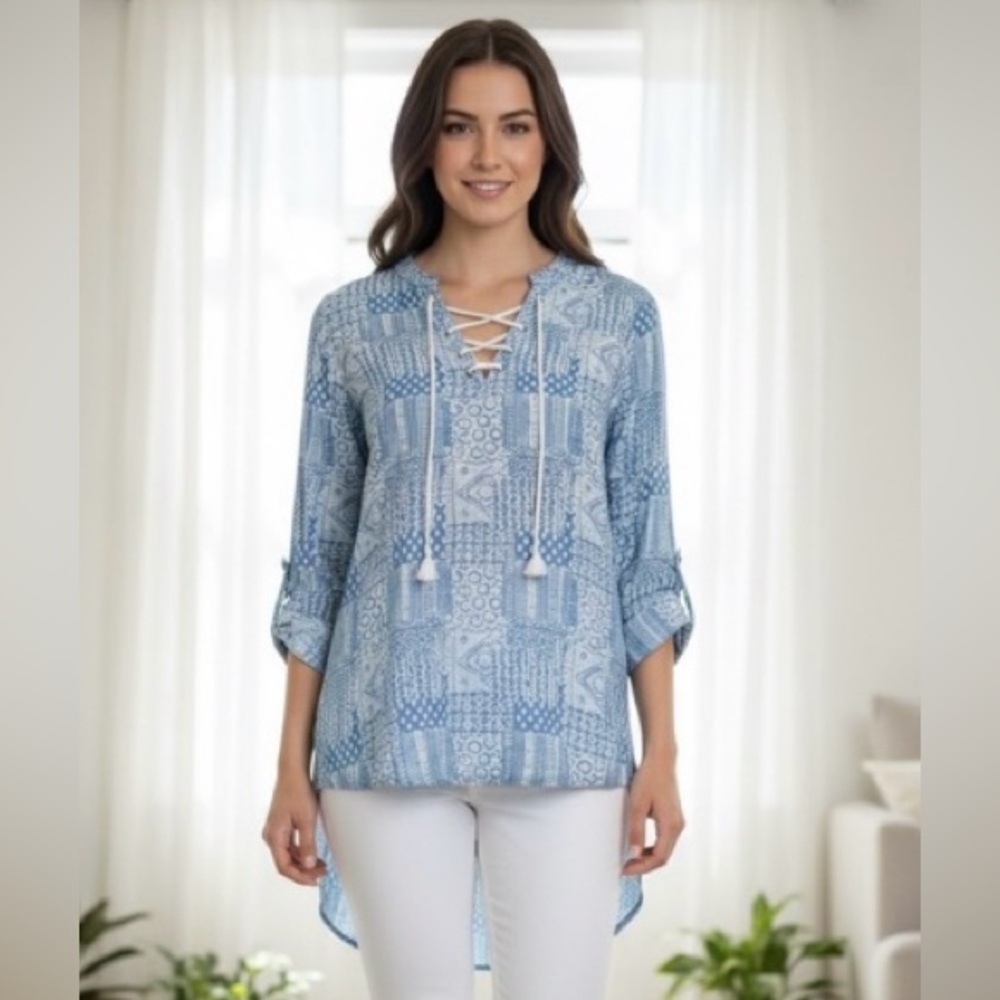 Standard Grace Blue Patchwork High Low Lace Up Blouse Boho Top Women’s Small